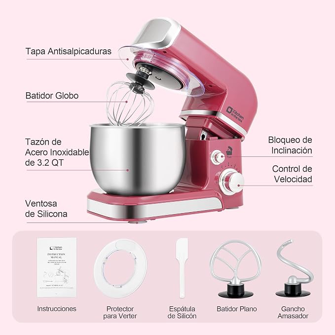 Kitchen in the box Stand Mixer,3.2Qt Small Electric Food Mixer,6 Speeds Portable Lightweight Kitchen Mixer for Daily Use with Egg Whisk,Dough Hook,Flat Beater (Purplish-red)