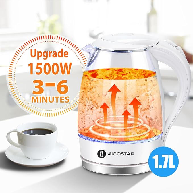 Aigostar Electric Kettle, 1500W Glass Electric Tea Kettle Rapid Heating, Borosilicate Glass, Auto Shutoff and Boil-Dry Protection, Hot Water Boiler BPA Free and Cordless with LED Indicator, 1.7 Liter