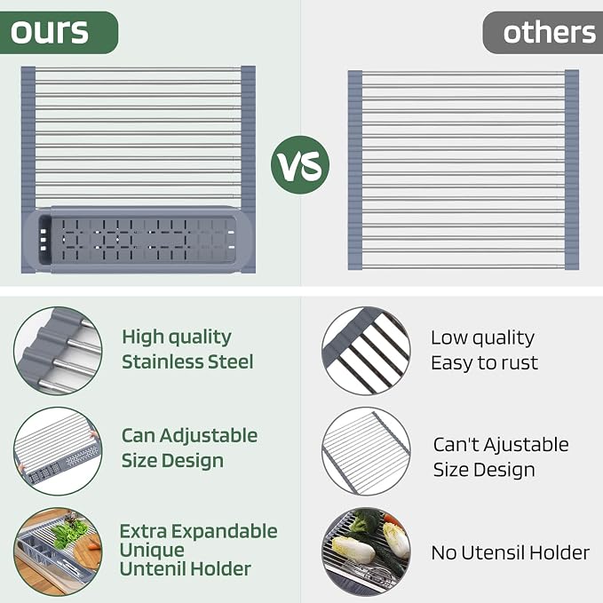 BBXTYLY Expandable Roll Up Dish Drying Rack,Over The Sink Drying Rack Sink Kitchen Accessories Rolling up Stainless Steel Drainer, Foldable with Removable Utensil Holder(Gray)