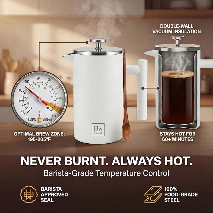 Barista Warrior French Press Coffee Maker - Double-Wall Stainless Steel Insulated French Press with Built-In Thermometer, Dual Filters Coffee Maker with Wooden Spoon - White