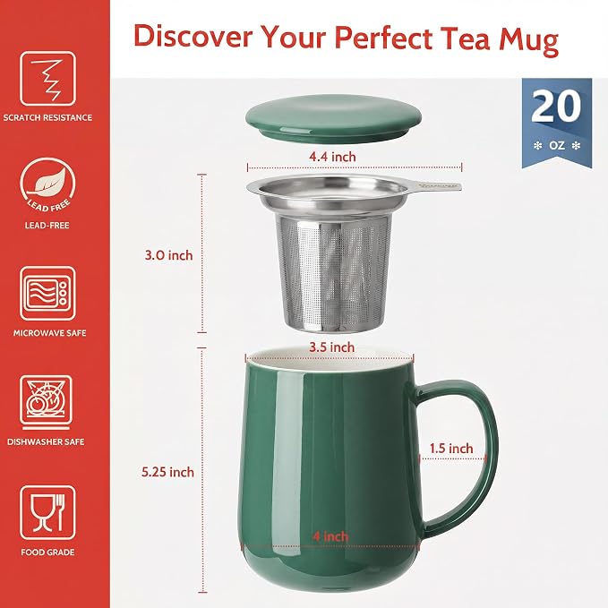 Sweese 20 OZ Porcelain Tea Mug with Infuser and Lid, Sage Green Tea Cup, Gifts for Tea Lover - Sage Green