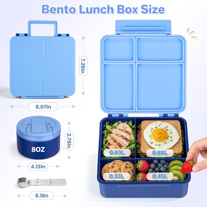 Bento Lunch Box for Kids with 8oz Soup Thermo,Kids Leakproof Lunch Food Containers with 4 Compartment,Kid Insulated Thermo Hot Food Jar for School,Trvael-Blue