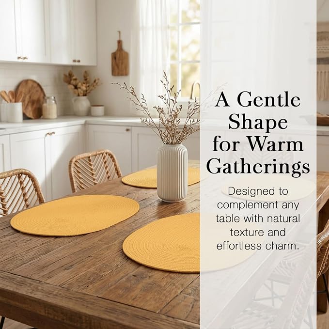 Placemats Set of 4, Woven Oval Braided Dining Table Mats(Mustard Yellow) | 12 x 17.5 Inch Size Fits Plates and Flatware; Hand Washable and Heat Resistant for Kitchen Use, with Farmhouse and Boho Style