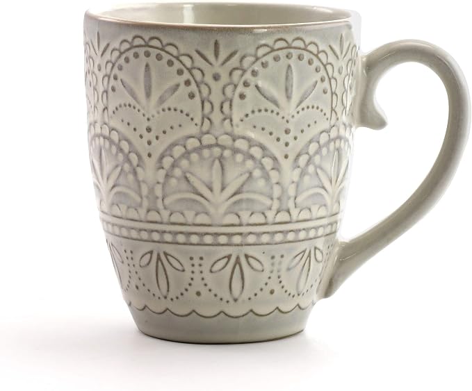 Elama White Lace 16 Piece Round Scallop Stoneware Dinnerware Set in White