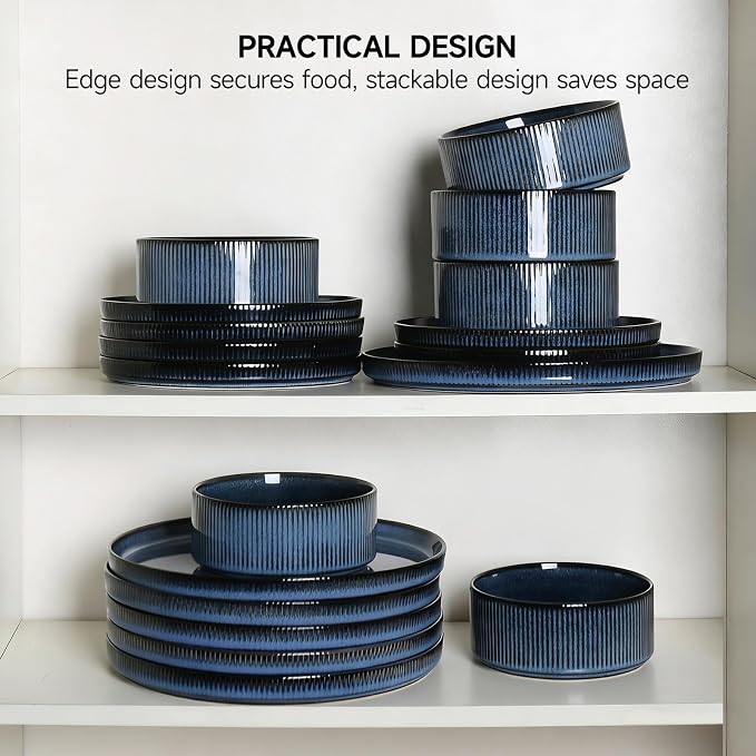 Stoneware Dinnerware Sets for 4, 12Pcs Plates and Bowls Set, Midnight Blue | Handmade Reactive Glaze Ceramic Dishes, Microwave and Dishwasher Safe, Modern Minimalist Ribbed Tableware for Everyday Use