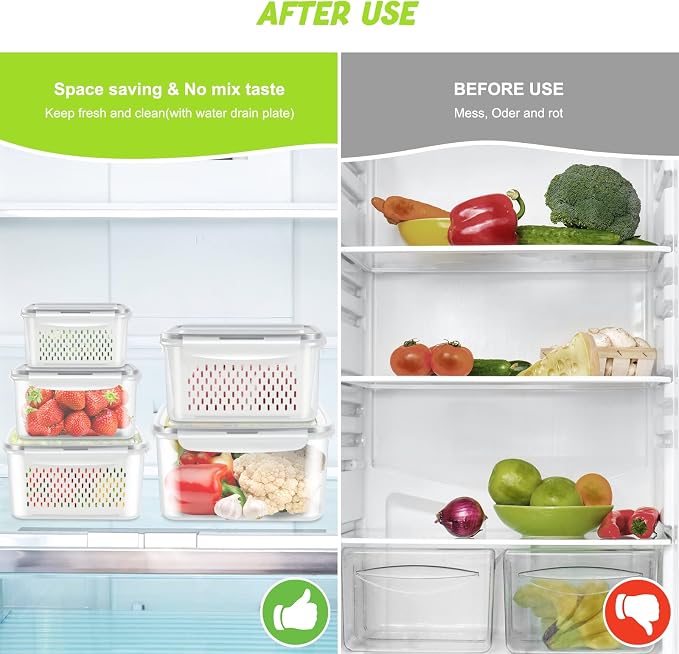 10 PS Fridge Food Plastic Storage Container with Colander | Fresh Produce Saver Keeper for Vegetable Fruit Berry Salad Lettuce Meat Fish, BPA Free Kitchen Refrigerator Organizer Bins