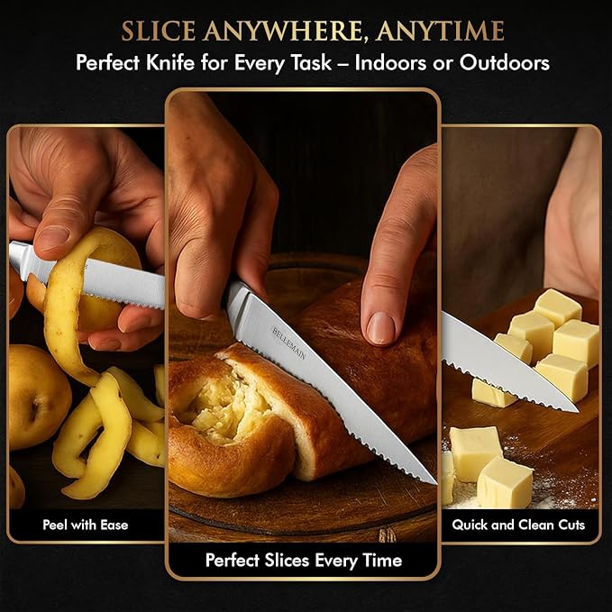 Bellemain Steak Knife Set of 6, Serrated Stainless Steel, Dishwasher Safe | Ergonomic Handle Design, Rust-Resistant Blades, Precision Serrated Edges, Enhanced Dining Experience at Home & Restaurants