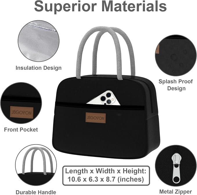 JBGOYON Leakproof Bento Box & Insulated Lunch Bag Set, 4-Piece, Black | 6-hour thermal retention, includes nested knife fork spoon, 2 reusable snack pouches, designed for adults and kids