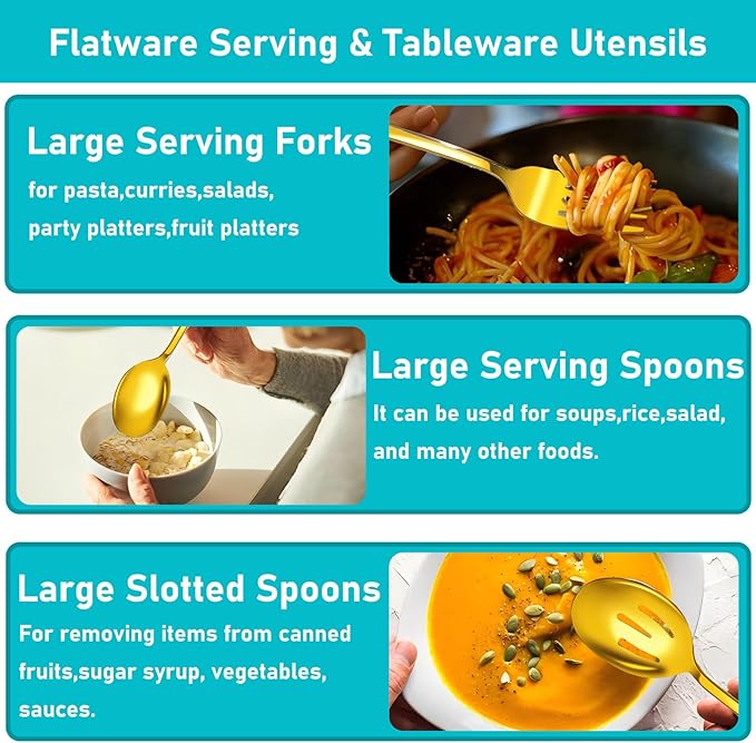 Serving Utensils, 15 Pcs Stainless Steel Large Flatware Serving Tools Kit | Include Spoons, Forks, Tongs, Slotted Spoon, Ladle, Cake Server for Kitchen Catering Banquet Wedding Buffet Party, Gold