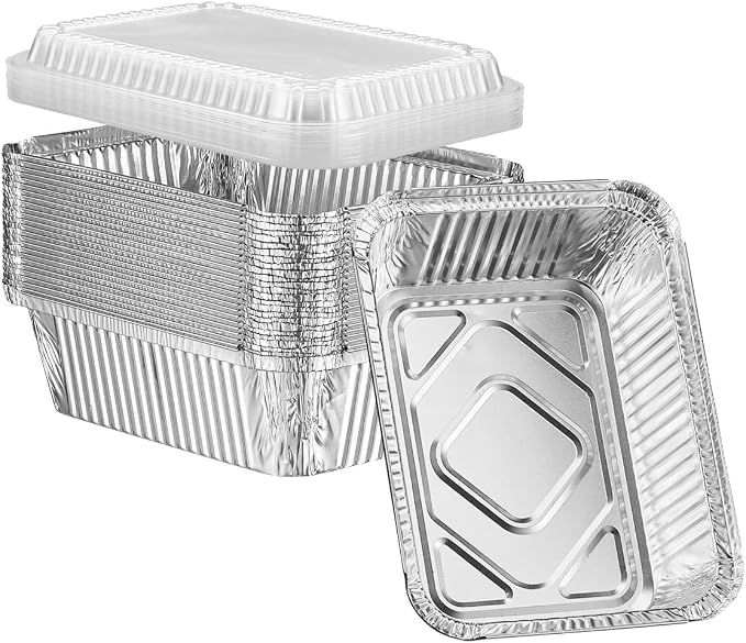 GUSTO 5 lb Disposable Aluminum Foil Takeout Pans with Clear Dome Lids, 6" x 9" Takeout Pans – [25 Count] Ideal for Baking, Cooking, Food Storage & Freezing (Formerly Comfy Package)