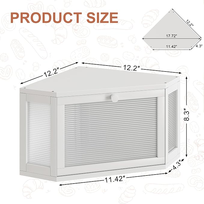 WOWLIVE Corner Bread Box, Bamboo Bread Storage with Acrylic Wavy Door | Breadbox for Kitchen Countertop, Large Farmhouse Bread Holder for Homemade Bread, Multi-functional Container, White