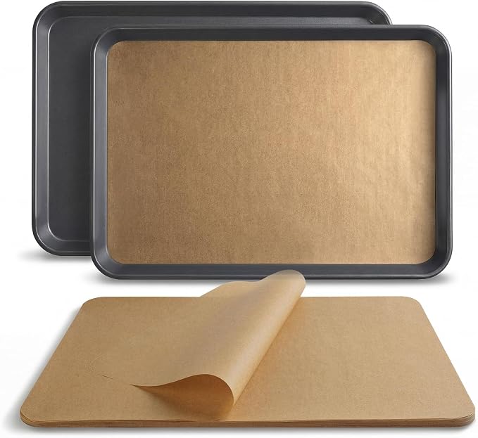 Bake Choice 2 Pack 18x13In Half Sheet Pans With 100Pcs Parchment Sheets | Heavy Duty Carbon Steel, Warp Resistant Nonstick Baking Sheet, Commercial Grade Cookie Sheets for Oven Baking Roasting