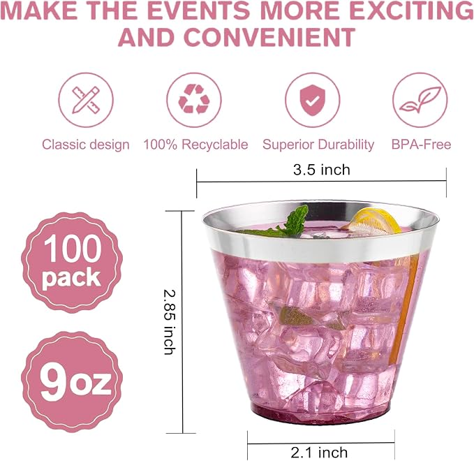 IOOOOO I00000 100PCS Silver Plastic Cups,9 oz Clear Plastic Cups with Silver Trim, Heavy-Duty Disposable Hard Cup For Party, Premium Cup Perfect for Wedding & Party