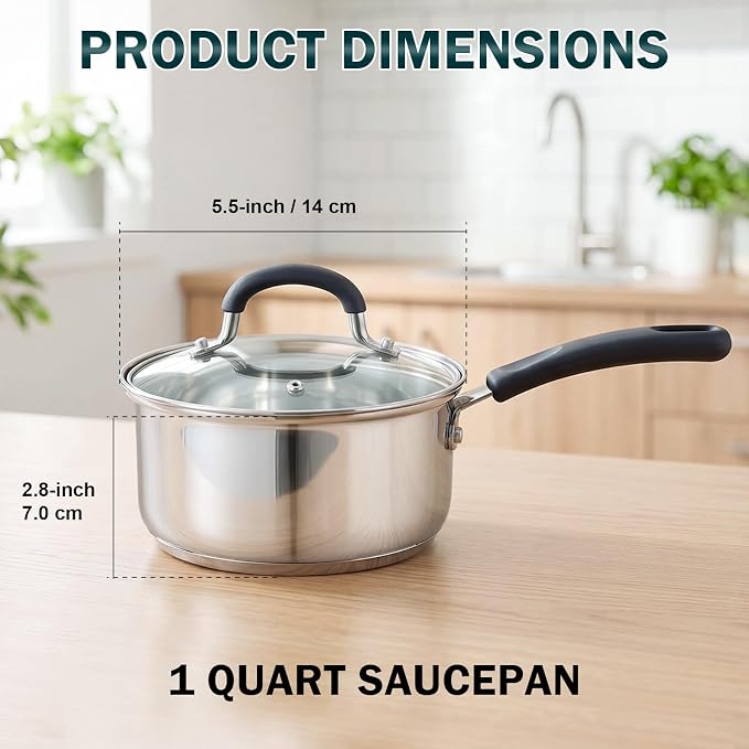 Cook N Home Professional 1 Quart Stainless Steel Saucepan with Lid, Small Kitchen Induction Cooking Sauce Pot Pan, Stay-Cool Silicone Handle, Dishwasher Safe