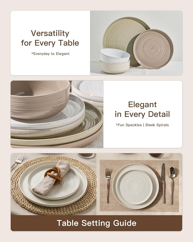Stoneware Dinnerware Set for 8, Plates & Bowls, Multicolor | 24-Piece Ceramic Speckled Spiral Dishes, Chip & Scratch Resistant, Microwave & Dishwasher Safe, Everyday Use, Farmhouse Style