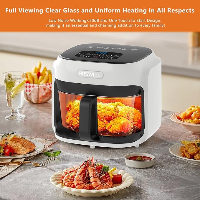 BOSWELL 7.5 QT Large Glass Air Fryer, 6-1 Preset Cook Modes | Transparent Fry Bowl, White, Circulating Heating & Temperature Control, Steak, Fries, Bake,Chicken, Dishwasher Safe