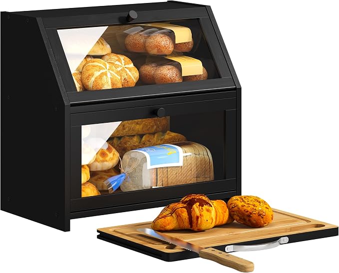 BMOSU Bread Box with Cutting Board Kitchen Bread Storage Organizer Farmhouse Countertop Double Bamboo Wood Bread Box(Black)