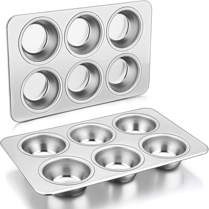 P&P CHEF 6-Cup Muffin Pan Tin, Stainless Steel Cupcake Pan, 2Pcs | Muffin Tin for Oven Baking, Dishwasher Safe, Non-Toxic, Standard Size, Ideal for Homemade Muffin Cup Cake Tart Quiche