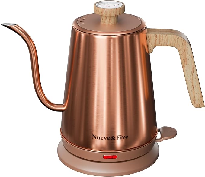 Nueve&Five Electric Gooseneck Kettle with Thermometer, 1.0L Pour Over Hot Water Kettle for Coffee and Tea, 1000W, Auto Shutoff, Boil-Dry Protection,Copper