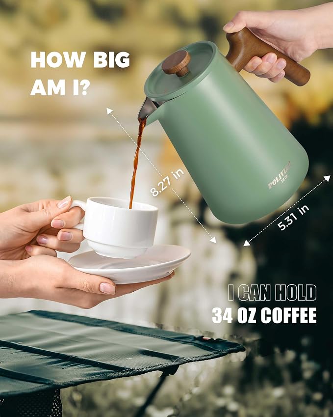 POLIVIAR French Press Coffee Maker, 34 oz | Real Wood Handle, Double Wall Insulation, Dual-Filter Screen, Food Grade Stainless Steel, For Coffee and Tea, Green