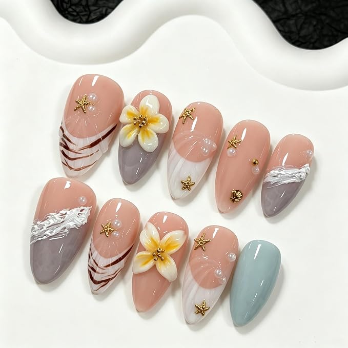Handmade Press on Nails Almond Shape Luxury Medium Hand Made Nails with 3D Flower Fishstar and Shell Design Summer Press on Nails Thicked Acrylic Nail White French Tip Stick on Nail for Women 10Pcs（S)