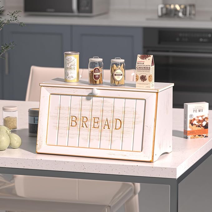 Vintage Bread Box for Kitchen Countertop, Retro Design Bread Storage Container, Farmhouse Wooden Counter Breadbox, Small Bamboo Bread Bin Holder for Homemade Bread, White