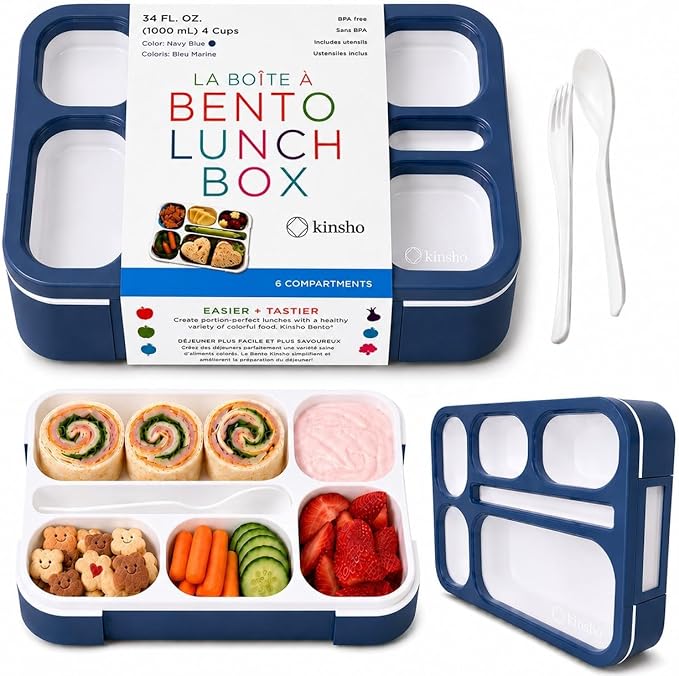 Bento Lunch Box Snack Containers for Kids Boys Girls Adults, 6 Divided Compartments - School, Daycare, Leak Proof Meal Planning Portion Control, BPA-Free Boxes, Utensils, Navy Blue