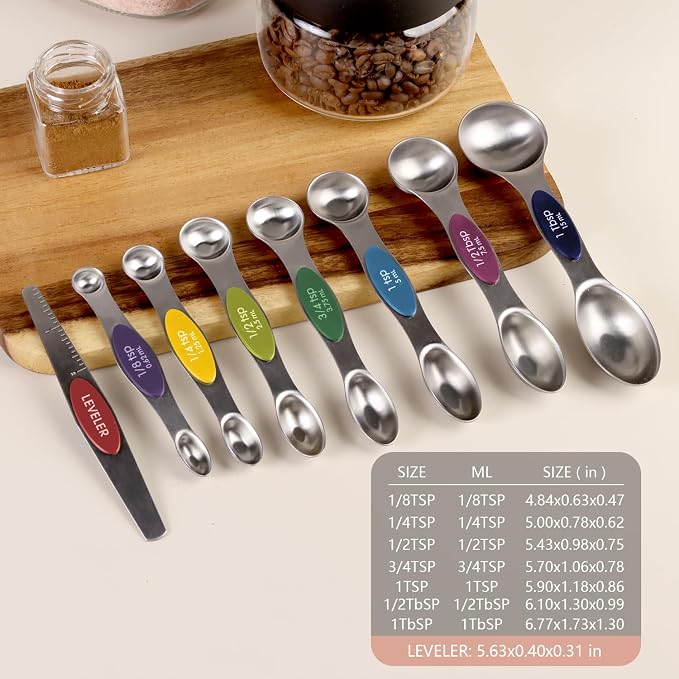ChefAide Pack of 8 Stainless Steel Magnetic Measuring Spoons Set, Dual Sided, Stackable, Adjustable Teaspoon and Tablespoon Measure Spoon with Leveler, Kitchen Gadgets