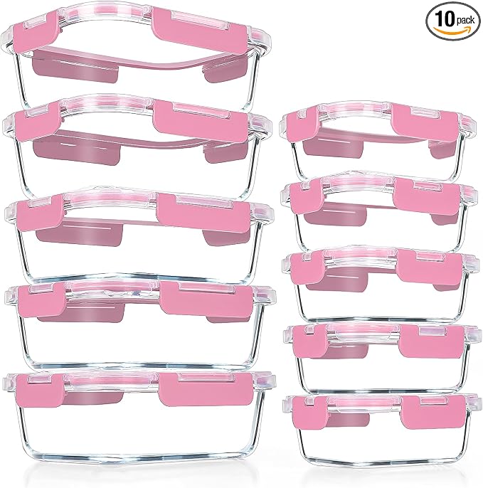 VERONES 10 PACK Glass Meal Prep Containers Set with Lids, Pink | Airtight & Stackable Glass Food Storage Containers Set with Lids, for Microwave, Oven, Freezer & Dishwasher Friendly