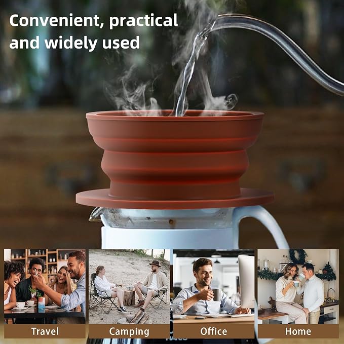 2-Packs Travel Collapsible Paperless Pour Over Coffee Dripper Kit with Stainless Steel Filter, Travel Pour Over Coffee Maker Camping, Silicone Coffee Strainer Pour Over Single Cup (Brown+Black)