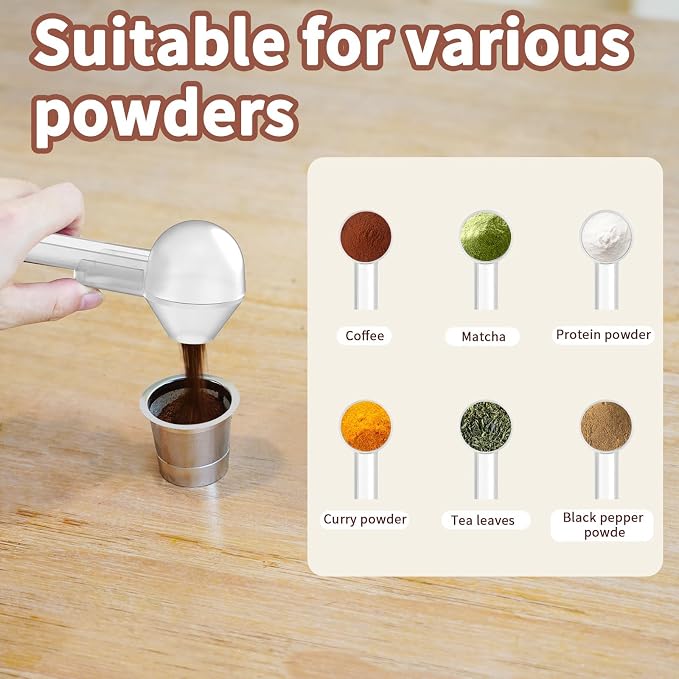 Coffee Scoop with Funnel for Ground Coffee, Protein Powder & Tea, 2 Tbsp | Mess-Free Scoop Funnel for Reusable K-Cup, Countertop Design for Home & Office, Handy Long Handle, Easy to Clean, 2-Pack