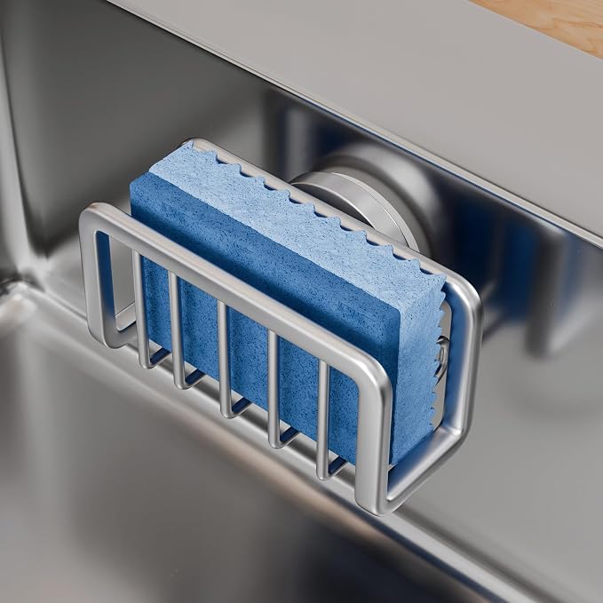 TAILI Silver Sponge Holder for Kitchen Sink with Strong Suction Cup | Removable Sink Caddy for Kitchen Sink Oganizer, Rustproof Aluminum Sink Sponge Holder for Scraper Brushes, Stoppers