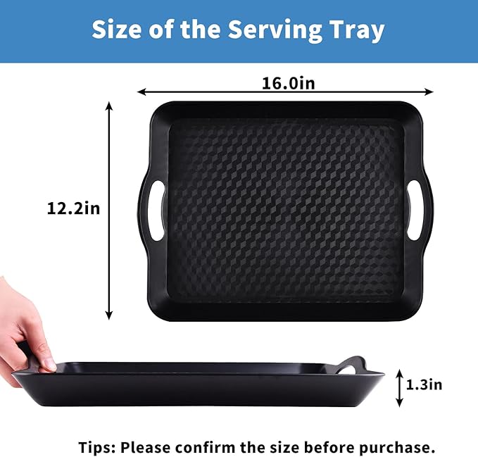 Plastic Tray with Handles, 2 Pack Multi-Purpose Rectangular Non Slip Restaurant Serving Trays Set for Parties, Coffee Table, Kitchen (12.2x16 inch) | Non-Slip Surface, Raised Edges, Lightweight Build, Easy Carrying, Restaurant, Coffee Table and Party Use