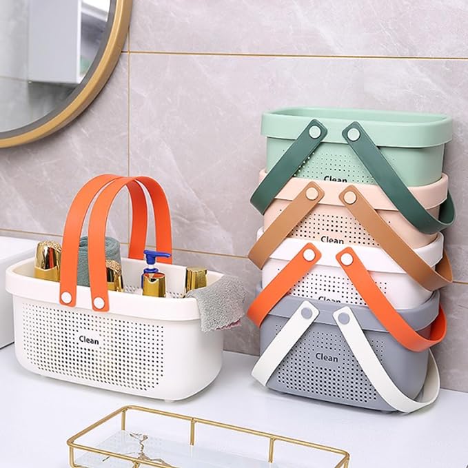 Portable Shower Caddy Basket with Handle Plastic Storage Basket Small White | Sturdy Drainage Large Capacity Organizer Basket with Silicone Handles for Bathroom Kitchen Bedroom College Dorm Essentials