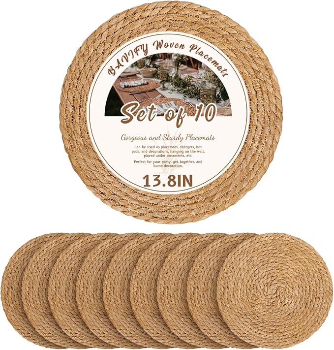 BAVIFY 13.8" Round Woven Placemats Set of 10, Table Mats for Dining Table | 13.8 Inch Place Mats Set of 10, Wicker Plate Chargers for Dinner Plates, Boho Farmhouse Rustic Mat for Dining Table Decor