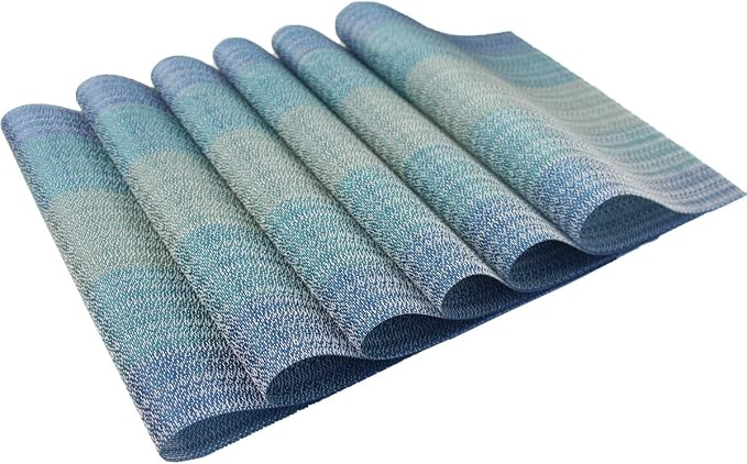 Placemats Washable Easy to Clean PVC Placemat for Kitchen Table Heat-resistand Woven Vinyl Hard Table Mats 12x18 inches Set of 4 (Blue)