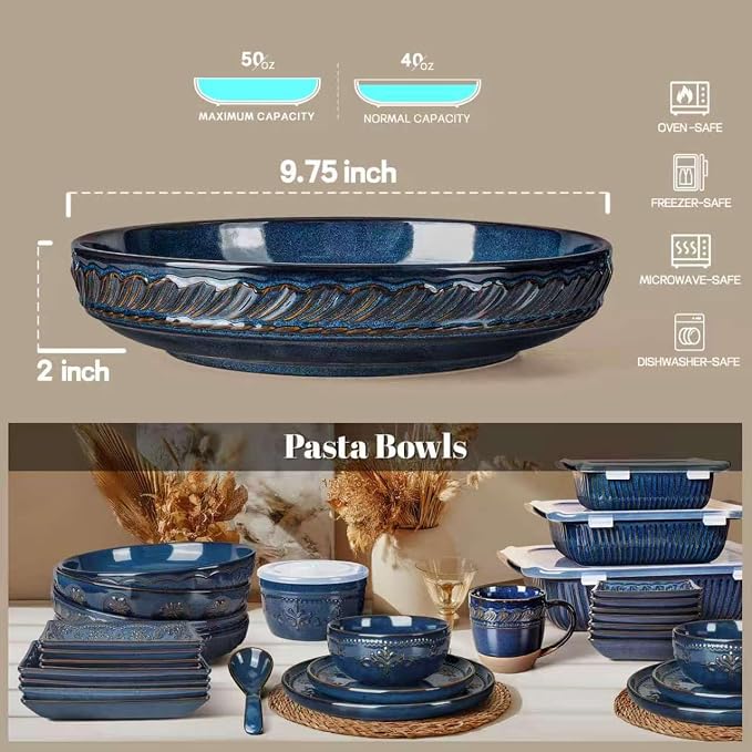 Pasta Bowls, 50oz Large Salad Serving Bowls, 9.75'' Plates Bowls Set of 4, Big Ceramic Soup Bowls for Kitchen, Embossment Shallow Dinner Bowl, Microwave Dishwasher Safe, Willow Leaf, Blue