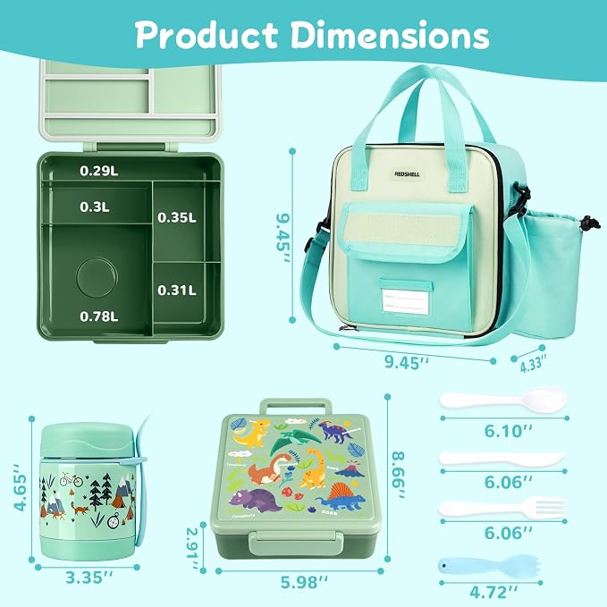 REDSHELL Kids Bento Lunch Box Set, Insulated Lunch Bag for Girls, Green | Toddler 5-Compartment Lunchbox, Leakproof Food Jar, Snack Container, School Daycare, Bottle Holder, Adjustable Shoulder Strap
