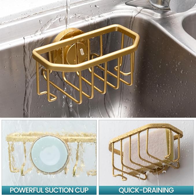 TAILI Sponge Holder for Kitchen Sink with Suction Cup-Gold, Aluminum | Rustproof Aluminum Sink Caddy for Sponges,Brushes,Stoppers & Scrapers,Removable Ventilated Quick-dry Design, holds Up 11lbs