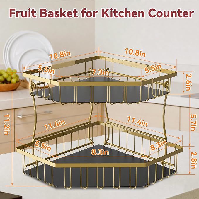 2 Tier Fruit Basket for Kitchen Counter with 2 Banana Hangers for Corner | Detachable Metal Fruit Bowl with Wooden Handle, Large Capacity Fruit Stand for Bread Fruit and Vegetable Storage, Gold