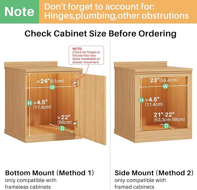 Pull Out Cabinet Organizer, Soft Close Wooden Slide Out Drawers for Pots and Pans, Full-extension Roll Out Shelves for Kitchen Cabinets, Pantry Organization, Bottom & Side Mount(23"W X 21"D x 3.4''H)