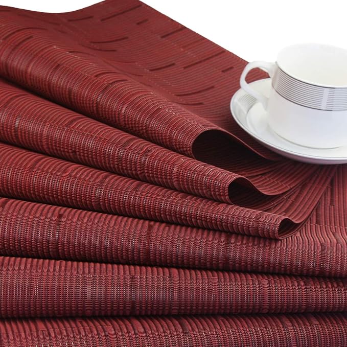 Plastic Placemats,Non Slip Washable Placemats for Dining Table Wipe Clean Table Mats Set of 6 (Burgundy Red)