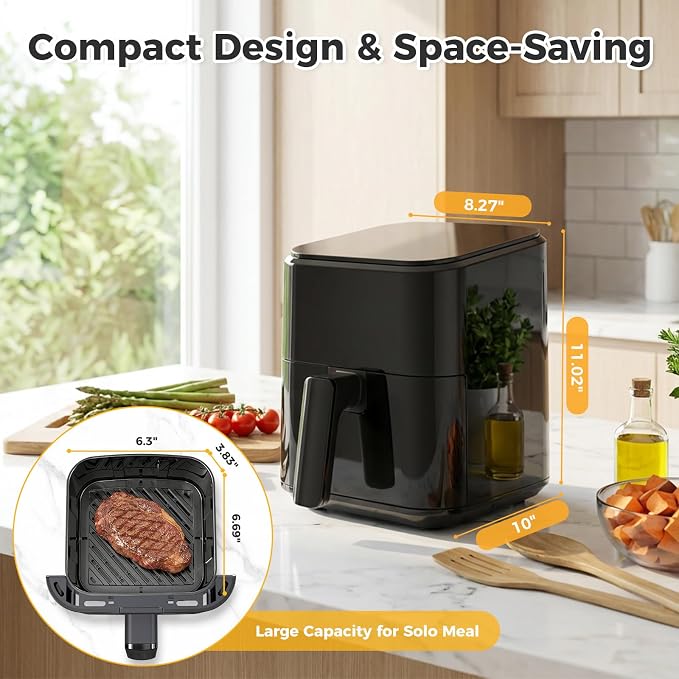 Compact Digital Air Fryer 3 Qt, Small Airfryer with Nonstick Plate, Dishwasher Safe Basket, Auto Shutoff, Simple Touchscreen, Quick Meals for Small Spaces