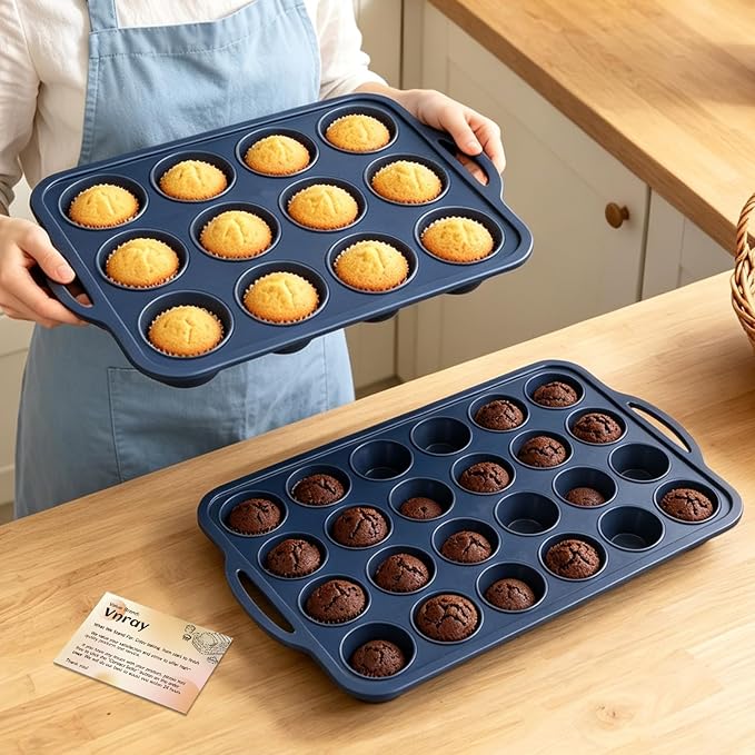 2 Pack Silicone Muffin Pan 12 & 24 with Frame Non Stick Cupcake Baking Tin | Silicone Mini Cupcake Pan with Handles, BPA Free Silicon Regular Muffin Tin Tray Small for Baking, Egg Bites Mold Vnray Grey