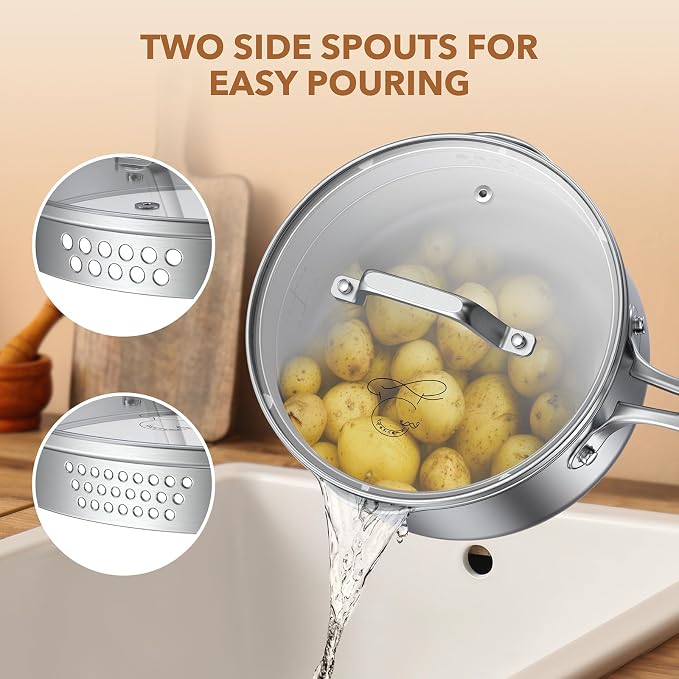 PekGema 2.5QT Saucepan w/Glass Strainer Lid, Tri-Ply Stainless Steel | Tri-Ply Stainless Steel;Dual Spouts&Strainer Holes;Measurement Marks;Dishwasher Safe;Oven Safe 500°F;All Stovetops
