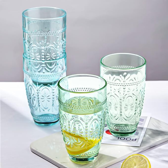 Colored Vintage Drinking Glasses Set of 4, 15.5 oz Romantic Embossed Water Glasses, Colored Tumblers Tempered Glass for Juice, Beverages, Beer, Cocktail