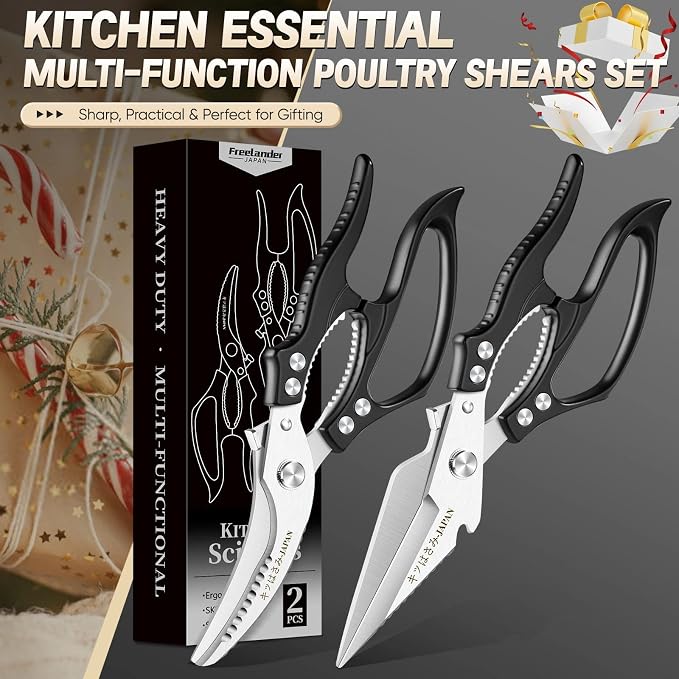 Freelander Kitchen Shears Set Black - All Purpose Heavy Duty Poultry Shears | Japanese Kitchen Scissors for Food, Chicken, Meat, Fish, Vegetables with Ergonomic Non-Slip Handle, Gifts for Women Men