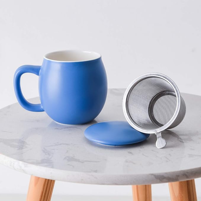 Yundu 12 OZ Matte Blue Ceramics Teacup with Infuser and Lid, Mug with Lid for Steeping - Stainless Steel Infuser for Loose Leaf Tea, Home Office Gift for Tea Lovers