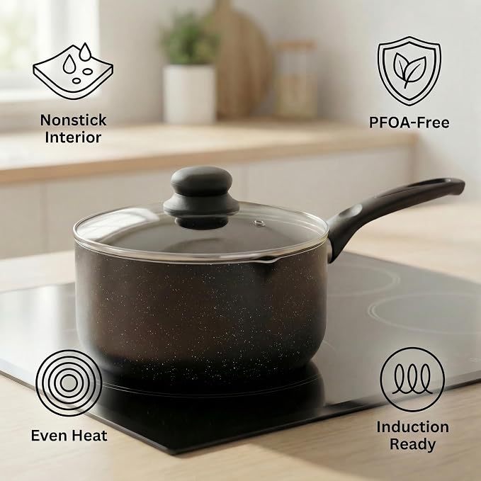 8-Inch Nonstick Sauce Pot with Tempered Glass Lid, Small Induction Saucepan for Soups, Pasta, Rice, Grains & Everyday Cooking, Aluminum Stovetop Pot