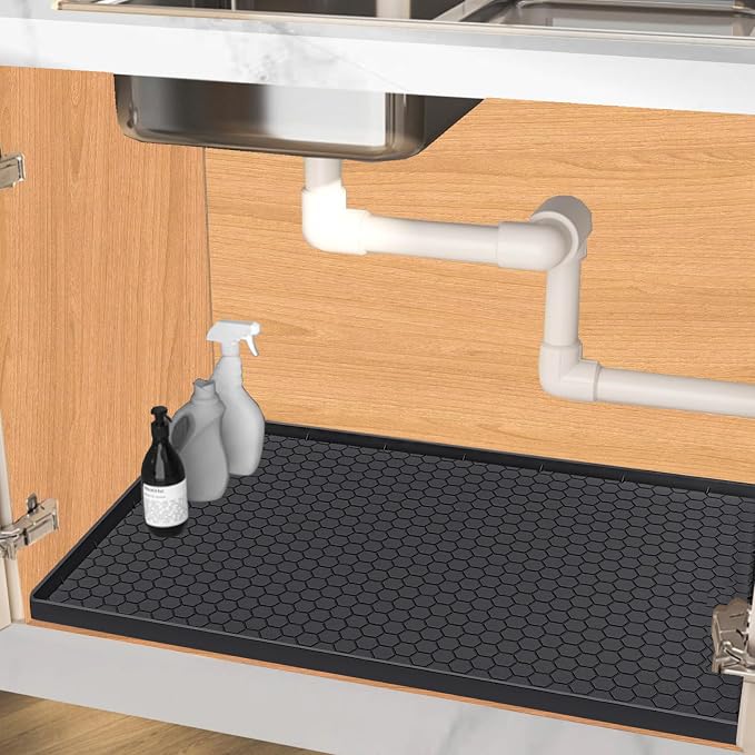 Under Sink Mat 31 x 19, Silicone Under Sink Liner for Kitchen Waterproof Bathroom Cabinet Mat, Black